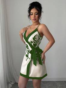 Elenzga 性感优雅裹身式V领印花女式迷你连衣裙 - 綠色 - 查看 4