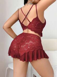 SHEIN Conjunto de pijama con encaje, parches, escote en V profundo, adorno de corazón de rhinestone y tirantes cruzados para mujer