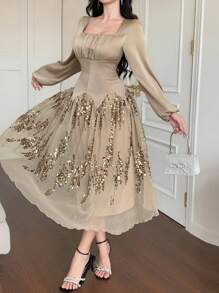 DAZY 香檳金秋季優雅女款方領泡泡袖拼接中長洋裝，亮片花卉奢華正式舞會閃亮禮服 - 卡其色 - 查看 3