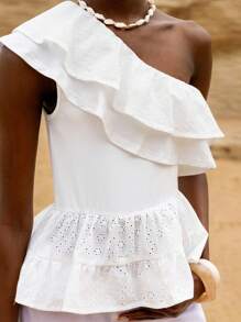 Lumivelle GuavaGirl SummerHoliday Homecoming Dress Women's All White One Shoulder Top Casual Asymmetrical Neck Woven Blouse With Ruffle Hem Detail And Regular Fit RomanticTops