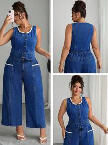 Elenzga Modische lässige ärmelloser Denim Jacke mit Perlendekor für Große Größen