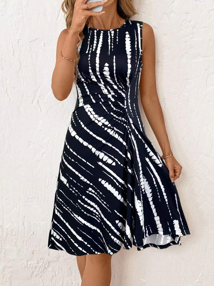 SHEIN Clasi Vestido de mujer de verano, elegante para la oficina, cómodo, de cuello redondo, sin mangas, con pliegues en la cintura y ajustado hasta la rodilla - Negro - Añade 6