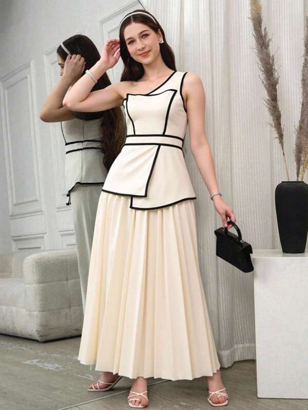2pcs/Set Teenage Girls Off The Shoulder Vest Top & High Waist Irregular Pleated Long Skirt, Sleeveless Contrast Color Summer Dress For Party, School, All Season