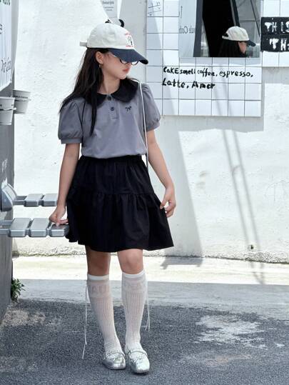 SHEIN 青少年女孩时尚蝴蝶结刺绣灰色短袖 T 恤和百褶裙两件套服装，舒适的夏季套装，带蝴蝶结装饰