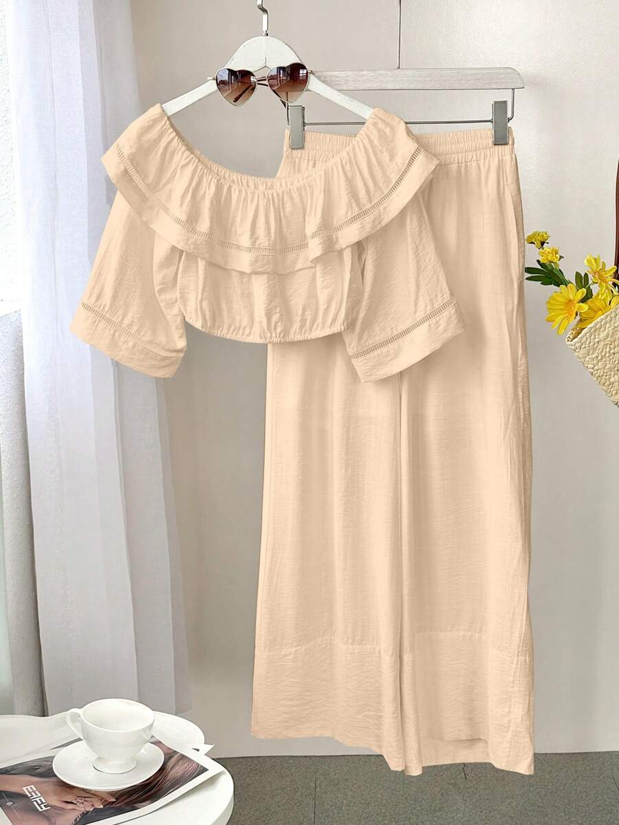 TrendSteals 2pcs/Set Women Off-The-Shoulder Solid Color Top And Long ...