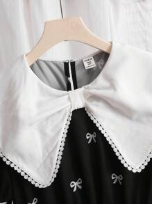 SHEIN 少女优雅返校蝴蝶结印花拼色修身喇叭裙，适合春季假日、度假、派对和日常穿着 - 黑與白 - 查看 8