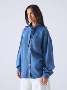 LYSMO 女士休闲领带牛仔夹克，适合春秋季 - 藍色 - 查看 3