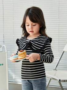 SHEIN Leap Crew Young Girl Striped Print Statement Collar Tee