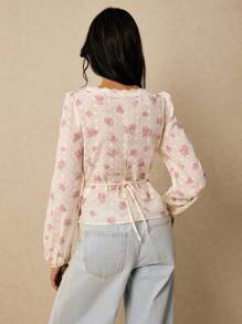 Poéselle Women's Shirts Embroidered Shirts Button Placket Long Sleeve Shirts Boho Cute Shirts Women's Tops Elegant Floral Embroidered Woven Long Sleeve Blouse Floral Blouse Boho Blouse Lantern Sleeve Blouse Puff Sleeve Blouse Old Money Back To School Tea Party Tops Women Streetwear Women Summmer Pink Floral - Multicolor - View 4