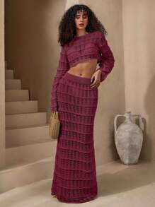 SHEIN Tall 2pcs Set Casual Hollow Out Long Sleeve Top & Skirt - Dusty Pink - View 4