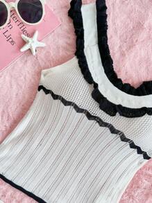 SHEIN ICON Women Contrast Trim Knit Top & Triangular Panties Set - White - View 3