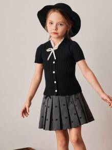 PrepCrw Young Girls Collegiate Style Bow Decor Short Sleeve Knit Cardigan,In Fall/Winter - Multicolor - View 3