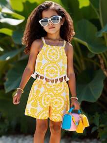 SHEIN Sparklyn Young Girls Summer Fashion Fringe Decor Sleeveless Crop Top And Loose Vintage Print Shorts 2pcs Set Summer Holiday