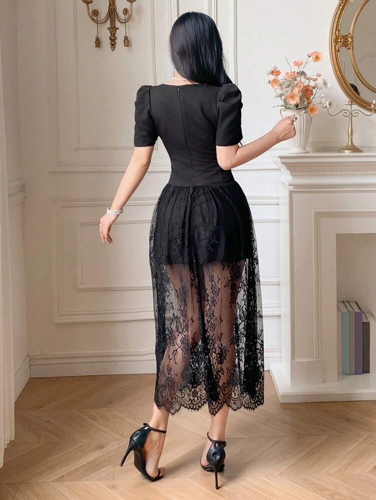 Lace Patchwork Square Neck Puff Sleeve Mid-Length Ladies Dress Summer Women Dresses