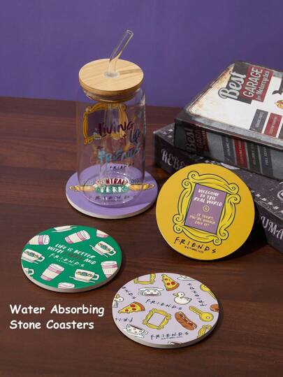 FRIENDS X SHEIN Conjunto de 4 porta-copos, porta-copos absorvente de água com suporte, porta-copos de cerâmica estilo férias tropicais, usado para proteger a mesa, decoração de mesa de centro, muito adequado para decoração de casa, presente de mudança