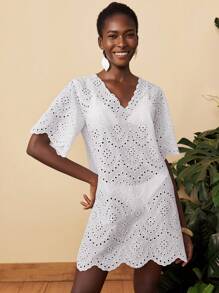 Travachic Rochie mini casual solidă țesută, cu decolteu în V, mânecă scurtă, lejeră, haine de femei de toamnă, haine de toamnă, Paște, ținute de sărbătoare, ținute de plajă pentru femei, ținute de vacanță pentru femei, ținute de concert pentru femei, BOHO, Bohemia, festival de muzică, haine de vacanță tropicală pentru femei, romantică, haine de toamnă, haine de iarnă, haine de Crăciun, bluze pentru ieșiri în oraș, bluze pentru ieșiri în oraș, casual, drăguț. - alb - Vizualizare 1