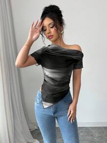 Elenzga 女士新款时尚扎染印花斜肩短袖T恤 - 黑色 - 查看 5