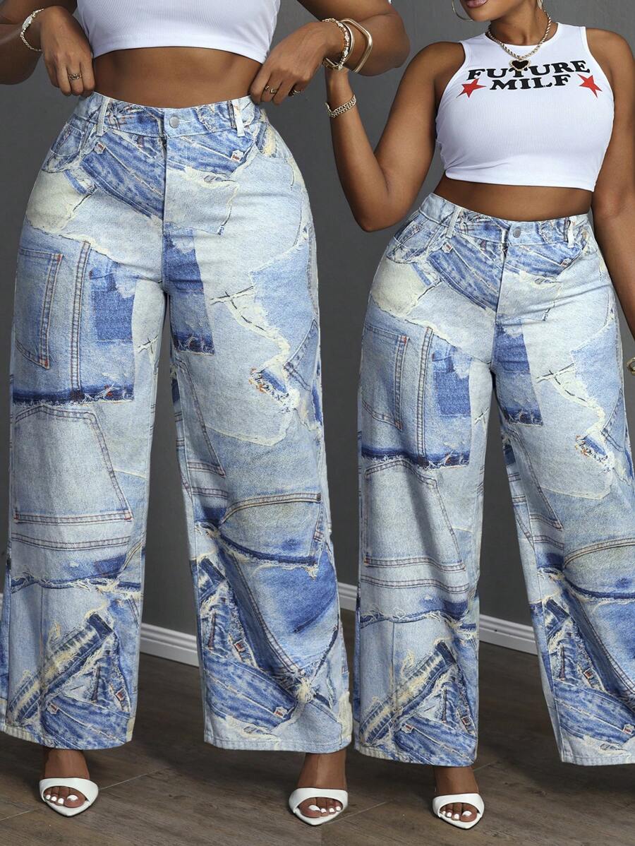 Slaydiva Quần jeans nữ cỡ lớn, kiểu dáng rộng rãi, có túi, phối nhiều mảnh, dáng thoải mái, thích hợp mặc đi club, quần jeans nữ cỡ lớn, trang phục dự tiệc, quần jeans cạp cao phong cách Gothic gợi cảm, trang phục dự tiệc đường phố, phong cách Y2K, quần jeans nữ in họa tiết trừu tượng, quần jeans ống đứng rộng rãi, thời trang đường phố. - Nhiều màu - Xem 1