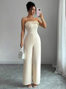 Elenzga One-Piece Jumpsuit With Ruffle Edging, Elegant And Romantic Design For Women - Apricot - View 3