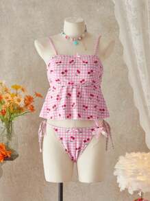 SHEIN Swim Women's Summer Vacation Cute Plaid Cherry Tankini - Multicolor - View 3