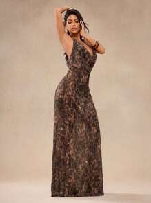 Glamance Ariqdhaksinargha Sexy Kleid mit tiefem Ausschnitt und extra langem Leoparden-Pailletten-Muster, geeignet für Sommerfestivals, Partys, Strand, Neckholder-Maxikleid mit Wasserfallausschnitt, Leoparden-Muster-Maxikleid, Geburtstagsessen-Kleid, Country-Konzert-Outfit, Western-Wear für Frauen, Club-Outfits für Frauen, sexy Ausgehkleid, Streetwear für Frauen, Grunge-Punk, Y2K 2000er, Schulanfang, Date-Night-Outfits für Frauen