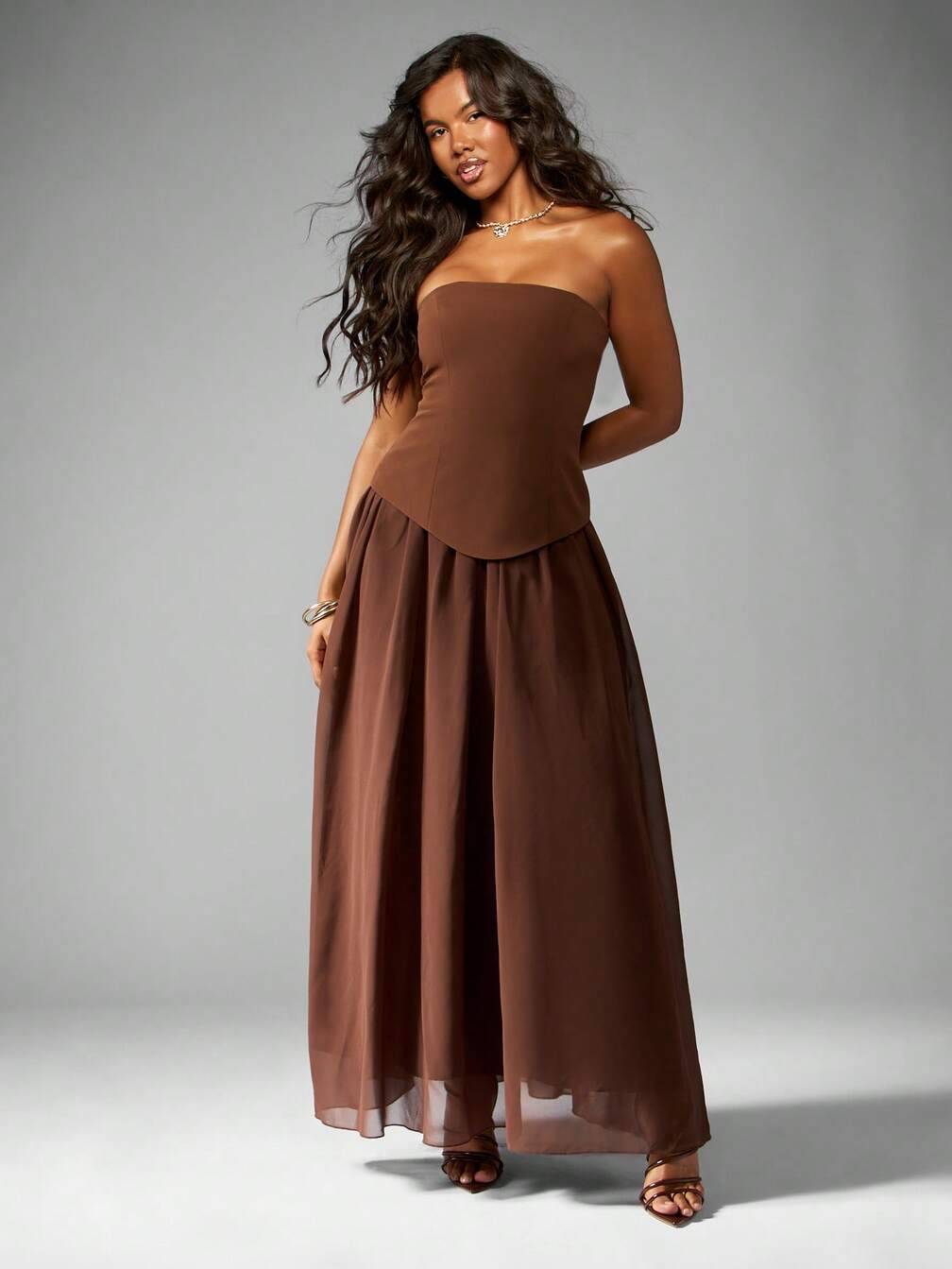 strapless chiffon maxi dress GLS Coral Sweetheart Long Prom - Corset Back while the enchanting printed design adds a vibrant touch to your look Meshki Amaya Strapless Chiffon Maxi