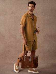 Manfinity Homme Men's Mustard Yellow Summer Casual Vacation Holiday Linen Short Set,Solid Color Cut-Out Flower Craft Single-Breasted Short Sleeve Shirt And Shorts - Yellow - View 4