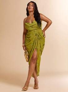 SHEIN BAE Plus Size Women Olive Green Summer Elegant Dress, Cold Shoulder Beaded Embroidered Ruched Slit Mid-Calf Wedding Guest Dress, Vintage Y2k Clothes - Green - View 1