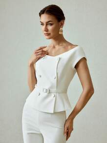 MOTF PREMIUM 双排扣荷叶边轻薄西装外套 - 白色 - 查看 4