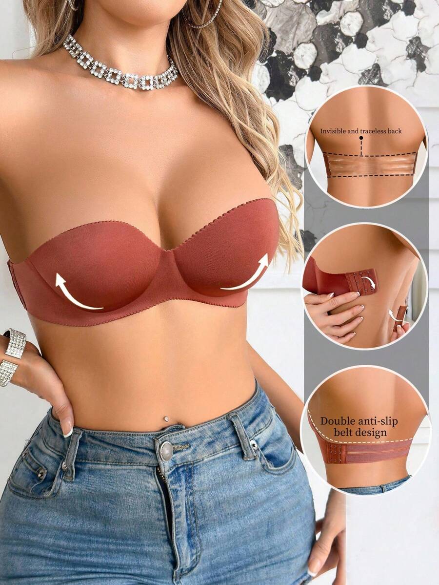 2pcs Set: Underwire Bra And Wire-Free Bra With 2 Detachable Shoulder Straps - Camel - View 1