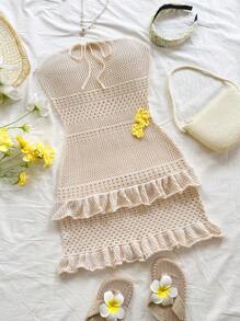 Soleia Nuevo estilo de vestido mini floral con volantes sin tirantes de punto para vacaciones