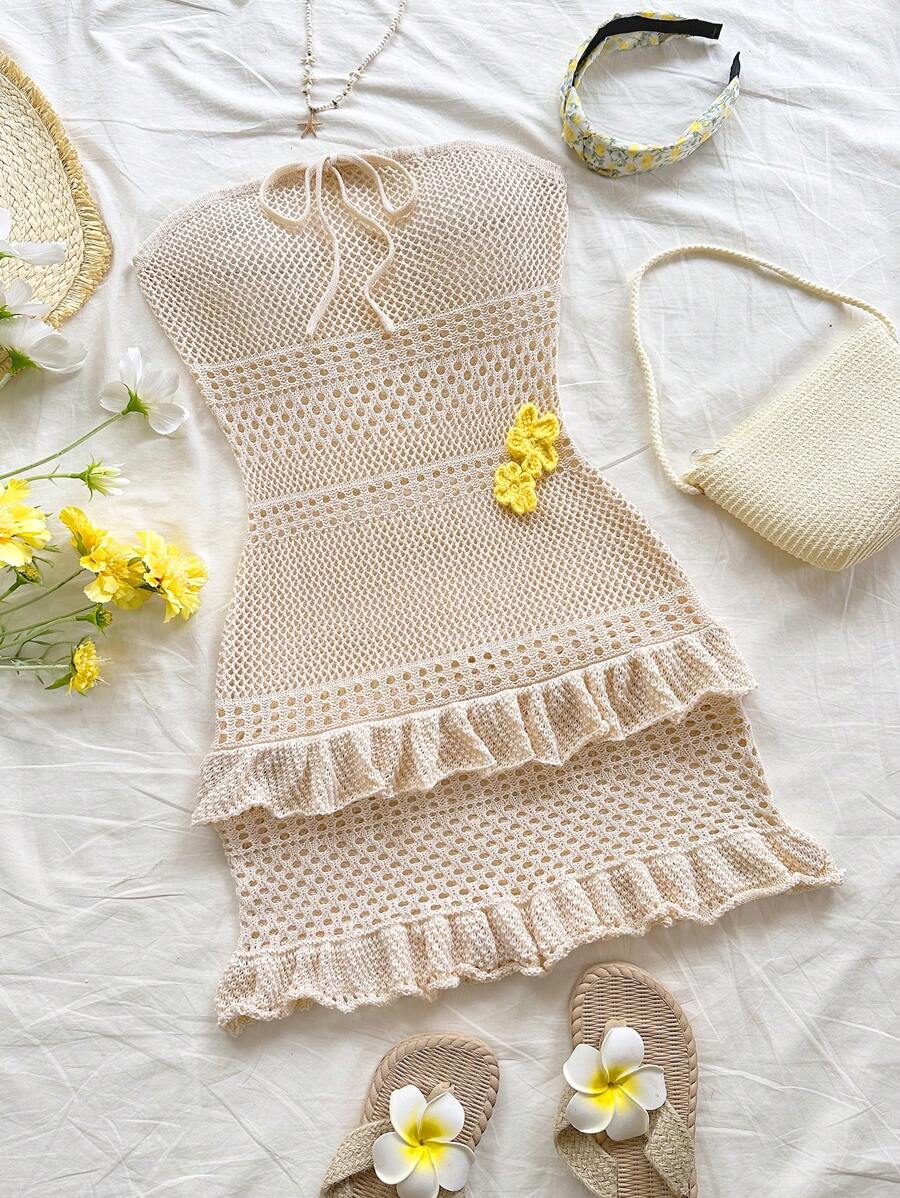 Soleia Nuevo estilo de vestido mini floral con volantes sin tirantes de punto para vacaciones