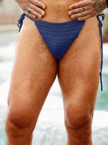 Manfinity Swimmode Quần short đi biển tam giác buộc eo màu trơn cho nam - Màu xanh hải quân - Xem 4