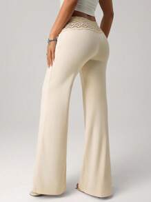 SHEIN ICON Women's White Knit Waistband With Beaded Drawstring Straight Loose Casual Resort Pants