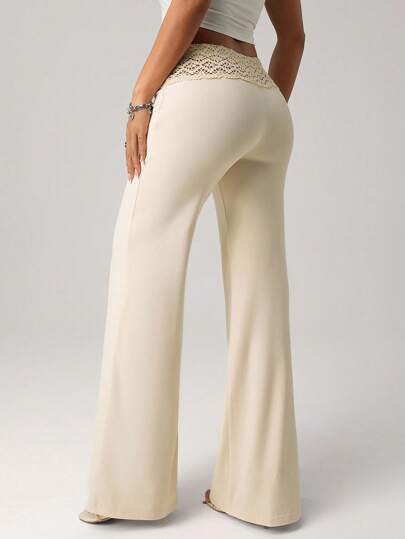 SHEIN ICON Women's White Knit Waistband With Beaded Drawstring Straight Loose Casual Resort Pants