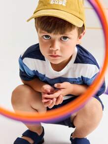 SHEIN Young Boy Casual Stripe Raglan Short Sleeve T-Shirt And Shorts Set, Simple & Comfortable - Navy Blue - View 1
