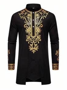 Manfinity RSRT Men's Plant Printed Stand Collar Long Sleeve Shirt And Pants 2-Piece Set Men African Suit Black And Gold Men Suit Africa Shirt And Pants Suit Outfit Men Men Dashiki Suits Men African Clothing,Fall Clothes