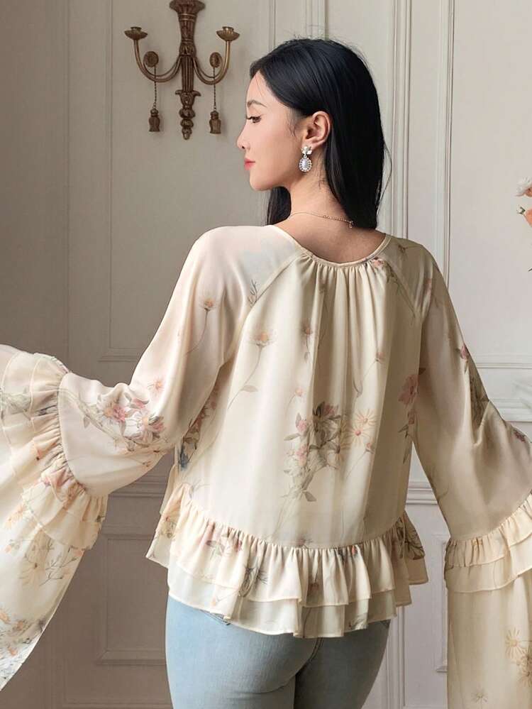 Floral Print Tied Ruffle Hem Flare Sleeve Women Blouse Long Sleeve Top