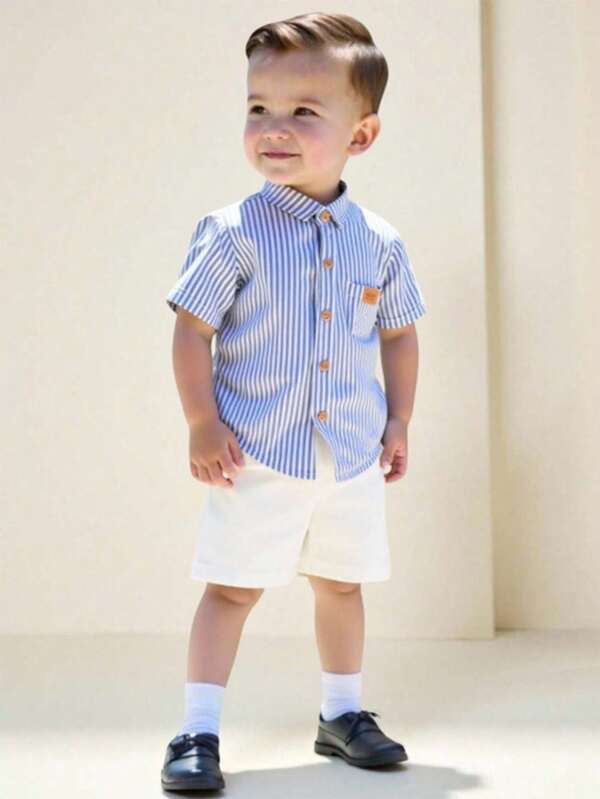 2pcs Set Toddler Boy Outfit: Blue & White Striped Short Sleeve Collared Shirt With Brown Buttons & Leather Patch, Paired With White Shorts, Suitable For Dining, Party, Birthday