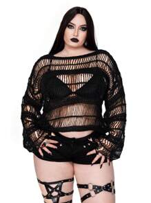 SHEIN Whyspr Plus Goth Punk Hollow Out Knit Pullover Sweater, Cool Summer And Autumn New Style Knit Pullover Fall Winter - Black - View 4