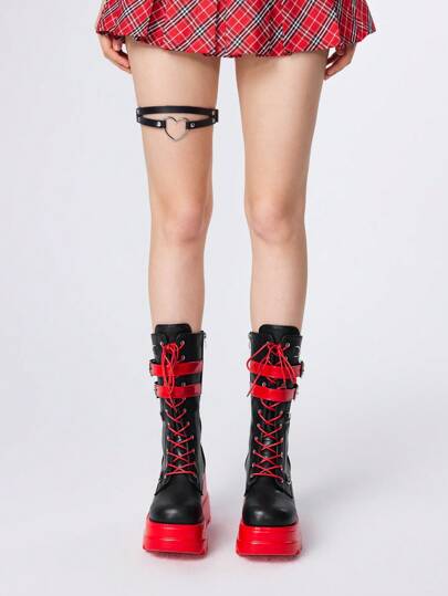 2-Tone Metal Eyelet Multi-Strap Round Toe Chunky Platform Mid-Calf Punk Boots, Red/Black, Daily Punk Rock Street Style