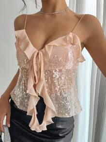 DAZY Women's Fashion Sequin Ruffle Tie Strap Camisole Summer Y2k Sexy Women Tops Festival Outfits New Years Women Outfit Glitter Top Carnival - Pink - View 6