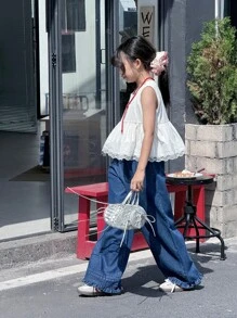 Ensemble 2 pièces pour filles adolescentes, style coréen, top sans manches à volants imprimé floral + pantalon en jean évasé, été - Blanc - Voir 3