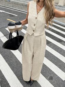 Serisse 2pcs Women Single-Breasted Vest And Pants Set, Solid Color Elegant SummerAsymmetric - Apricot - View 5
