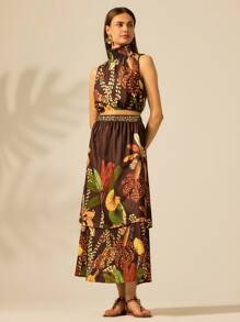 CAJUNI 热带印花双层半身裙，休闲度假装 - 彩色 - 查看 5