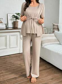 SHEIN 孕妇纯色抽绳腰部二合一短裤袖上衣和裤子睡衣套装 - 卡其色 - 查看 5