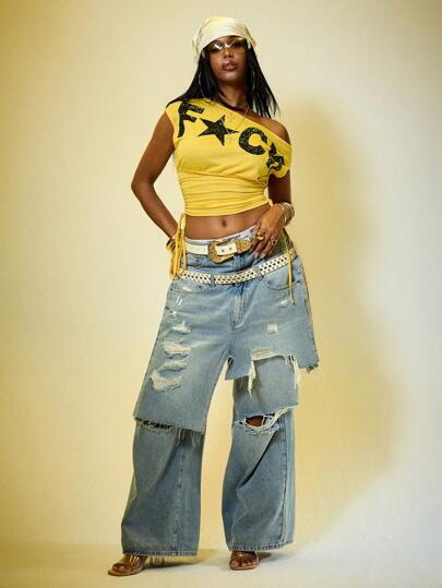 Street Life Retro Streetwear Letter Print Oblique Shoulder Drawstring Hem Fitted Top