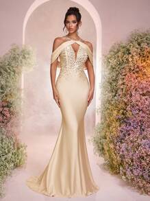 Glamrae Elegante y lujoso vestido de sirena de punto de elastano con destellos de rhinestone, apropiado para bodas, fiestas, vacaciones, bailes de graduación y eventos de noche (con adornos pesados)