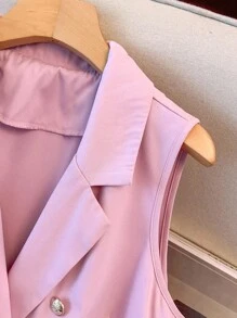 GlowEve CURVE Plus Size Women's Solid Color Lapel Collar Double-Breasted Sleeveless Jacket And Shorts Casual 2 Pieces Set - Baby Pink - View 5