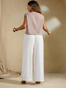 Flirla Conjunto de 2 piezas para mujer talla grande: Blusa de tejido sin mangas + Pantalones de pierna ancha, de alta gama, elegante, romántico, elegante - Rosa vieja - Ver 2